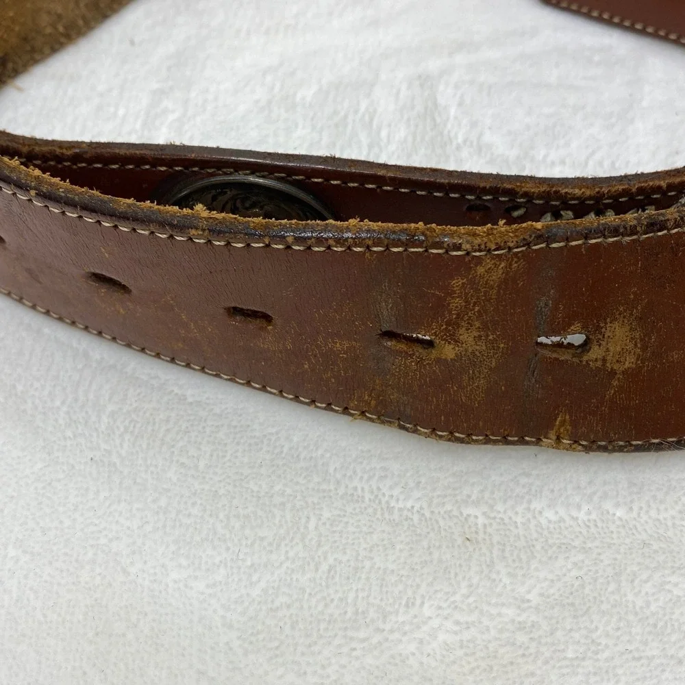 VTG Distressed‎ Brown Leather Western Concho Belt Whipstitch Lacing No Buckle